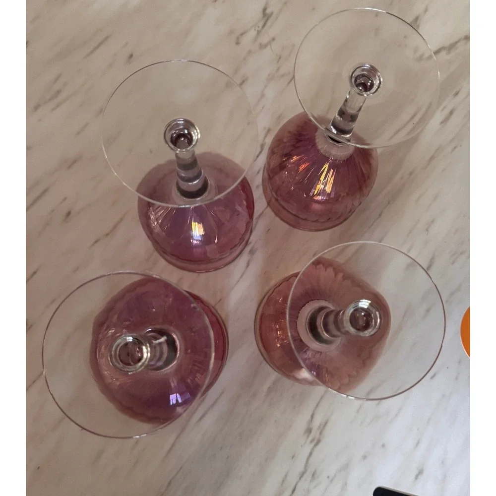 Vintage Amethyst Purple Iridescent Optic Ribbed Wine Glasses Set of 4, 6.5